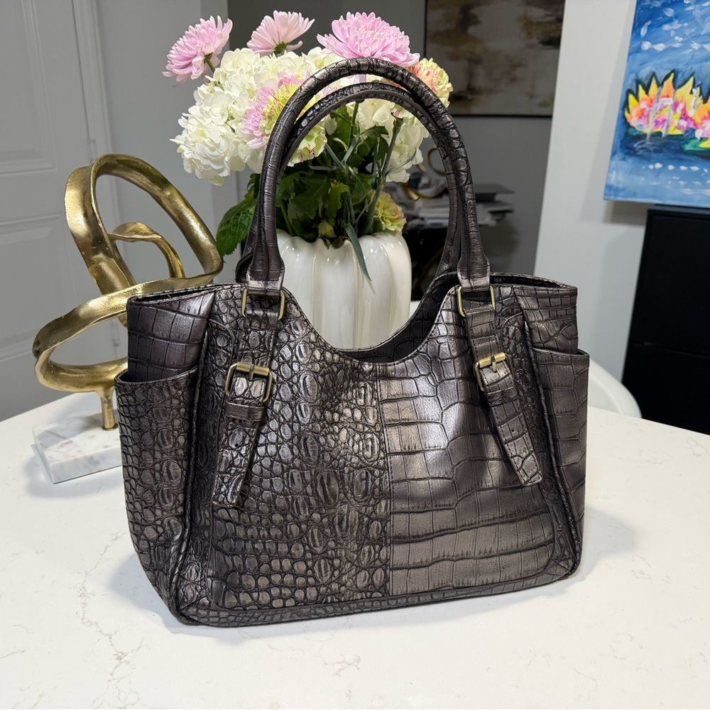 Brown Croc Embossed Leather Tote Bag Large Structured Work Handbag